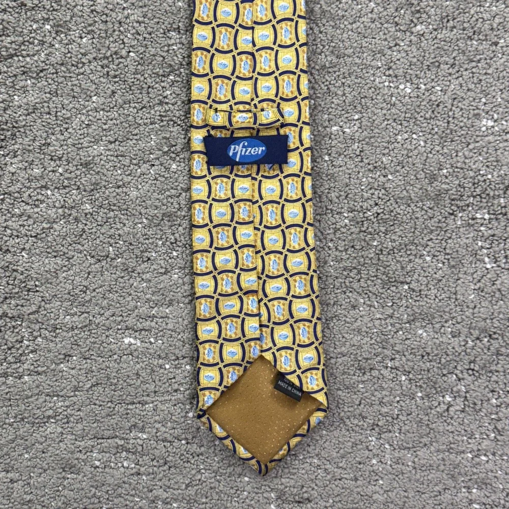 Pfizer Blue Pill Tie 100% Silk Gold Navy Logo Pharmaceutical Promo